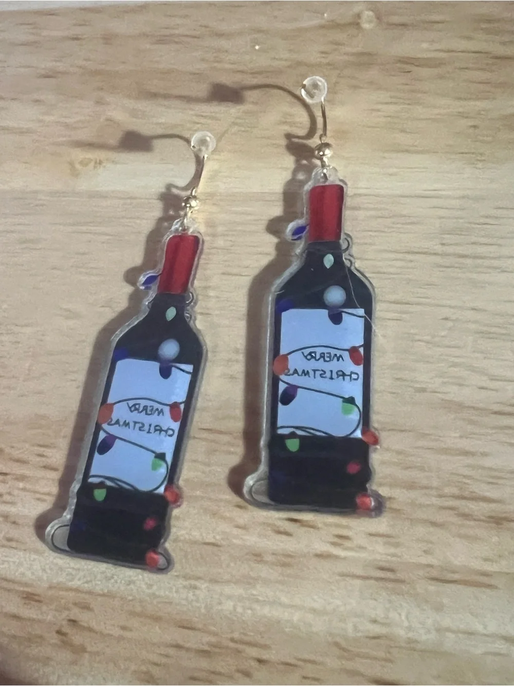 Holiday Red Wine Bottle Earrings - Merry Christmas Design E135